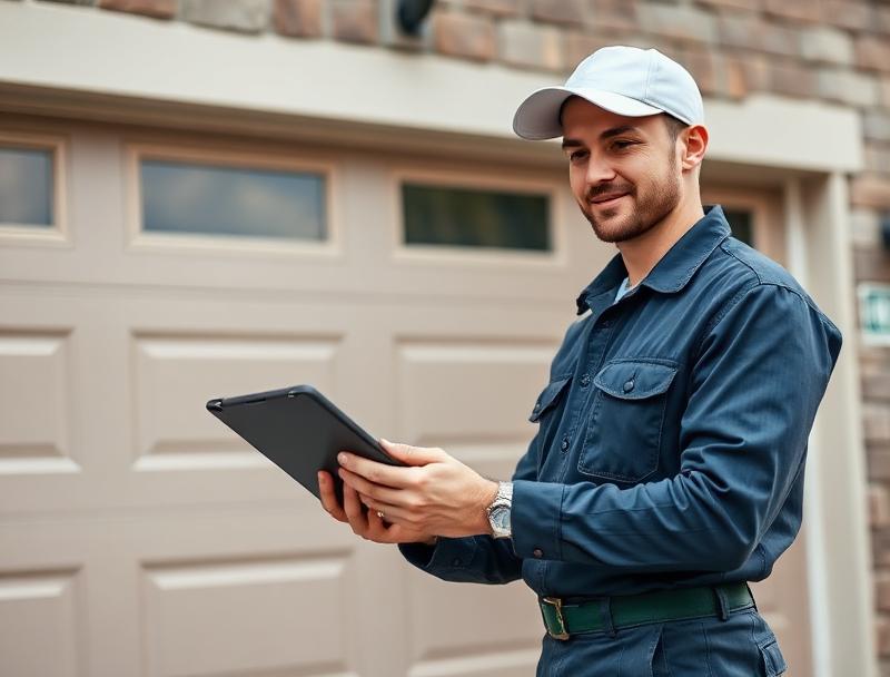 Garage Door Newtown professional technician with tablet doing digital inspection
